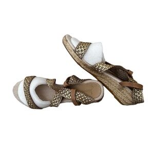 Gold Leather Designer Jean-Michel Cazabat Jute Wedge Sandal Shoe sz 6.5 EUC